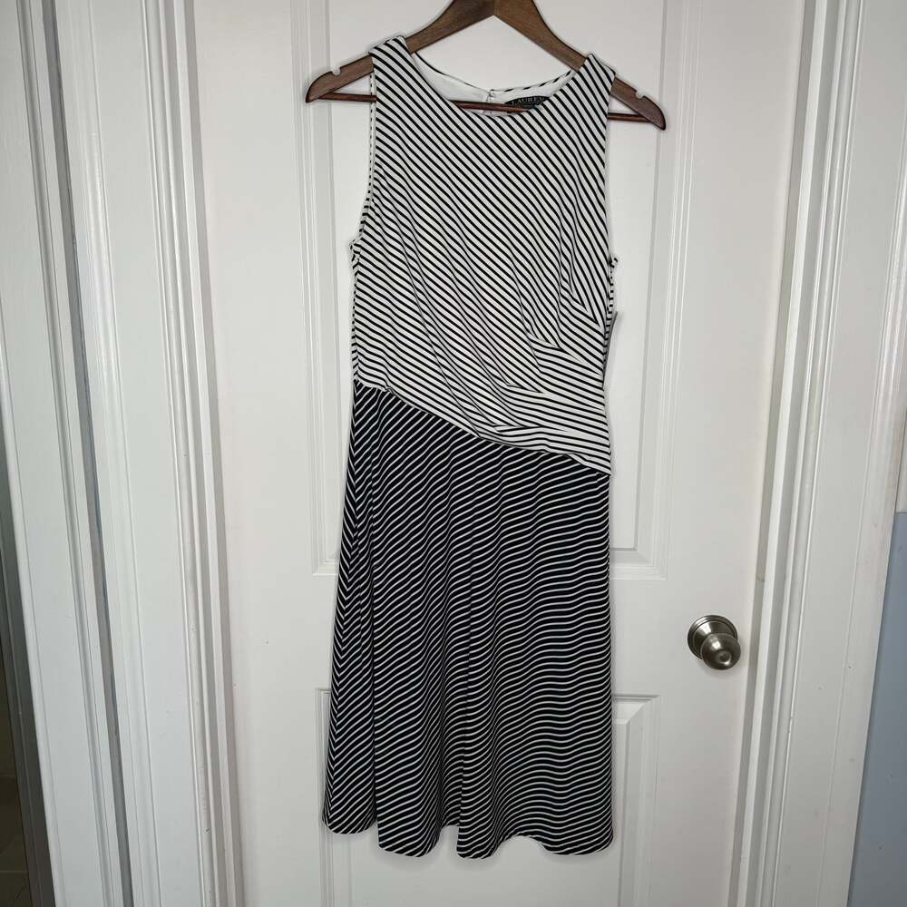Lauren Ralph Lauren Women's Black White Stripe Asymmetrical Midi Dress Size 8